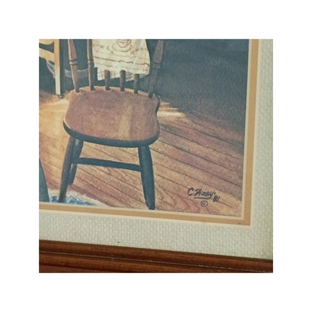 Vintage 1981 Signed Kitchen Print by C. Wray Farmhouse Wall Art in Wood Frame - Picture 3 of 10
